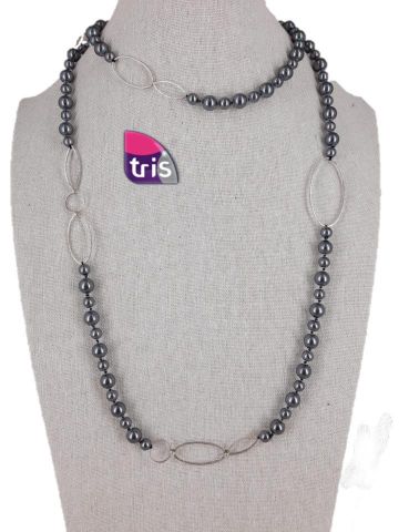 COLLAR PERLAS LARGO ESLABON GRIS