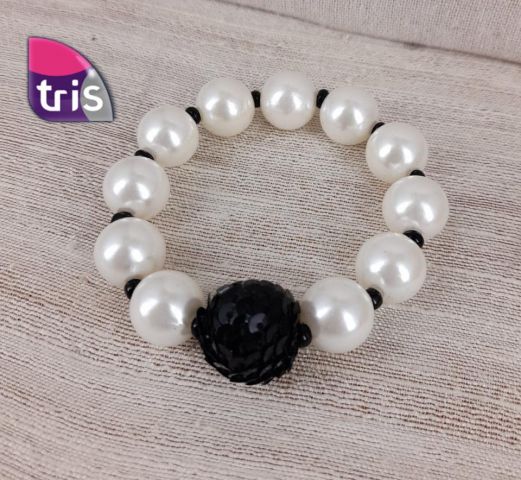 PULSERA PERLAS+BOLA LENTEJUE NEGRO