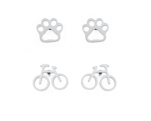 PENDIENTES ACERO 2 PARES HUELLA Y BICI BLANCO