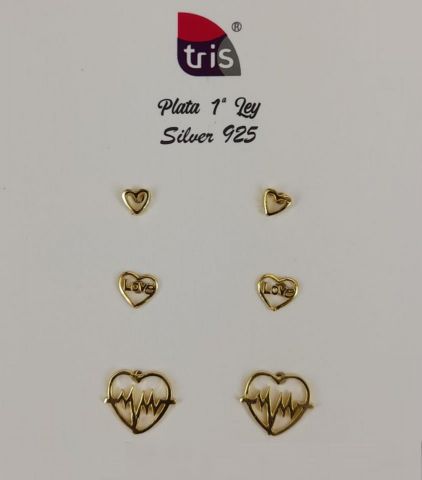 PENDIENTES AG 3 PARES CORAZON CARDIO BAÑADO ORO