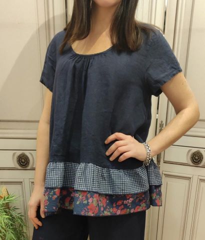 BLUSA LINO 3 VOLANTES AZUL TALLA M