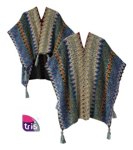 PONCHO AZTECA POMPONES AZUL