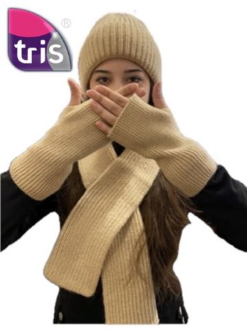 GORRO+GUANTE+BUFANDA LISO BEIGE