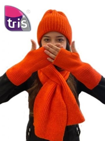 GORRO+GUANTE+BUFANDA LISO NARANJA